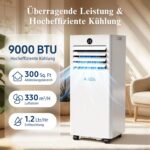 Klimaanlage Mobil 9000 BTU,4-in-1 Mobile Klimaanlage - LED Display&Fernbedienung,leise mobile klimaanlage mit einem Fenstermontagesatz,klimagerät mit abluftschlauch,Raumgröße bis 88m³(33㎡) Tragbare