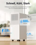Mobile Klimaanlage 9000 BTU, Klimaanlage mobil mit Abluftschlauch, Mobiles Klimagerät mit Abluftschlauch für Räume bis zu 33m²/90m³, Klimagerät mit Timer, R290, weiß