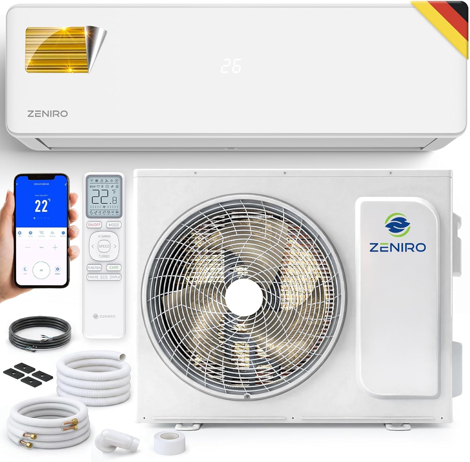 81P8BnPKL0L._AC_SL1500 Klimaanlage Set Split - mit WiFi/App Funktion Klimagerät Kühlen A++/ Heizen A+ 3,5kW 12000 BTU Sehr Leise, Kältemittel R32 - Fernbedienung, Timerfunktion - Inkl. Montagematerial