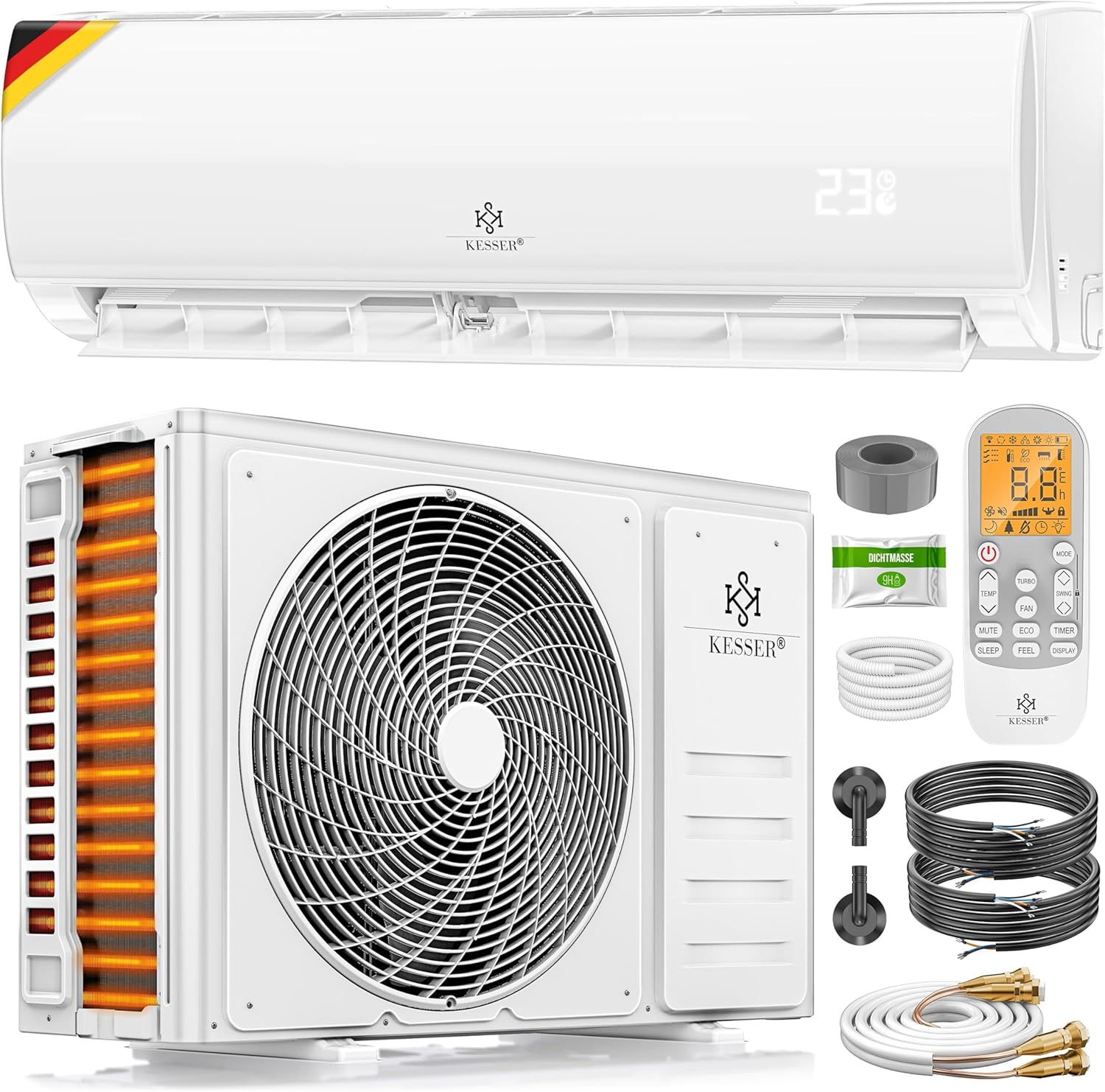 81h_pX5WJYL._AC_SL1500 KESSER® Split Klimaanlage Set Quick Connect – WiFi & App Klimagerät mit Heizfunktion & Kühlmodus Wandklimaanlage, mit Kupferleitung 12000 BTU 3,4 kW Kältemittel R32 Inkl. Montagematerial